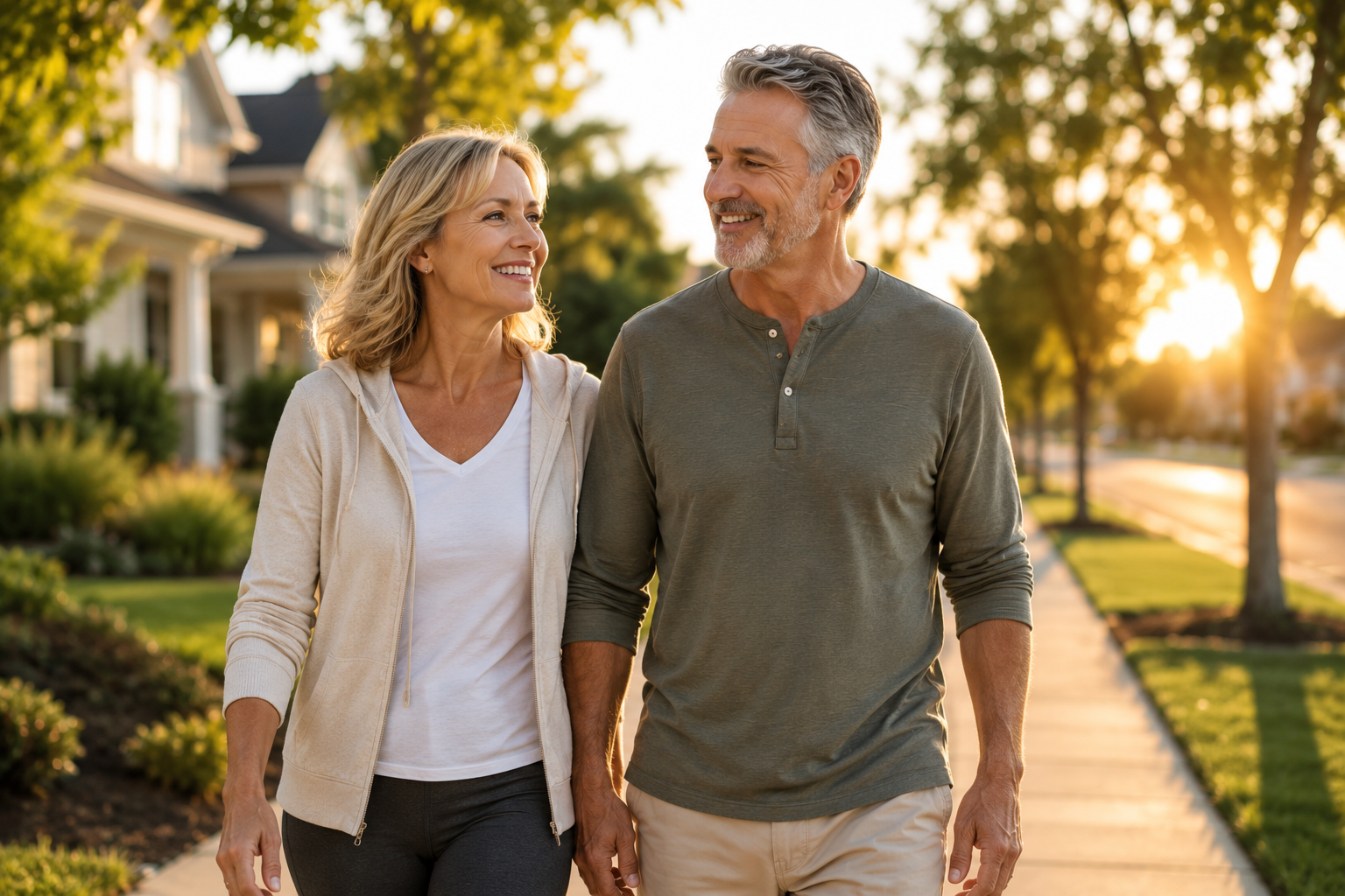 Healthy couple walking outside in a peaceful neighborhood