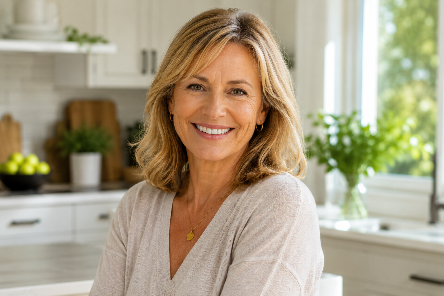 Confident woman smiling in a bright kitchen