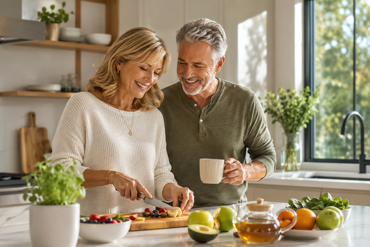 Healthy couple preparing a fresh meal in a bright kitchen