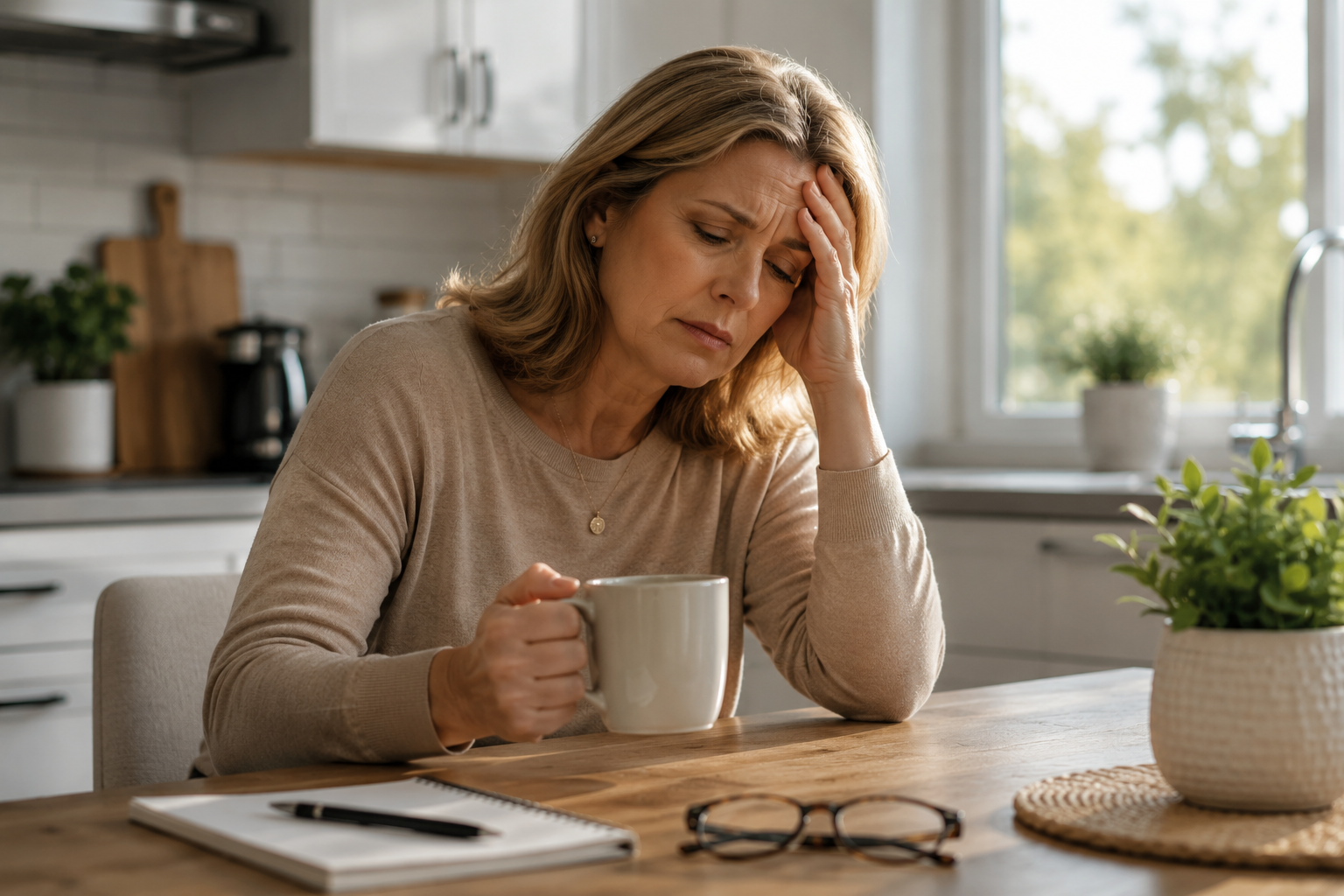 Woman looking tired while sitting at a kitchen table